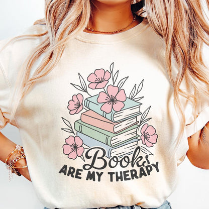 Book Are My Therapy Png, Flower Book Png - 300 DPI Design for T-Shirt