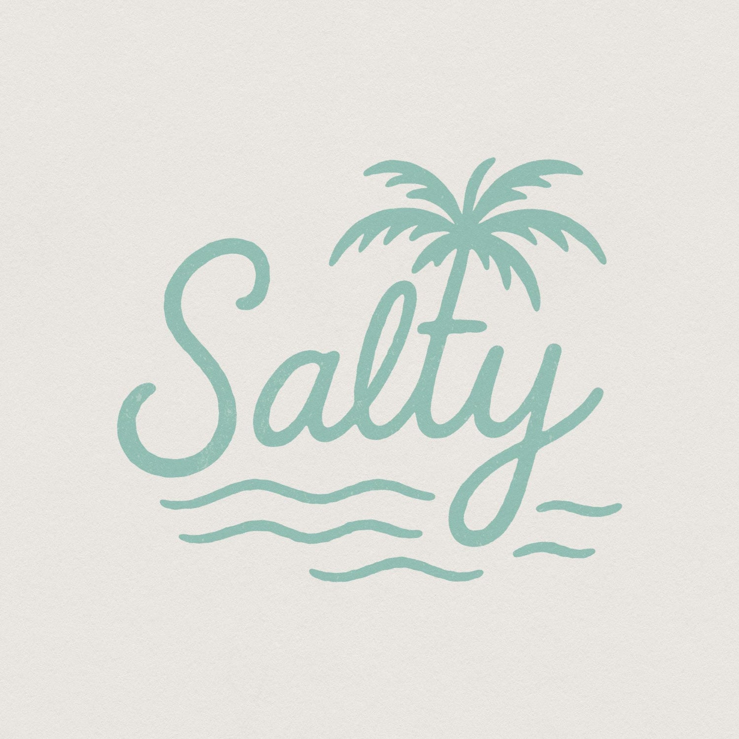 Salty script typography with a seafoam green palm tree and ocean waves for summer beach apparel and sublimation projects.