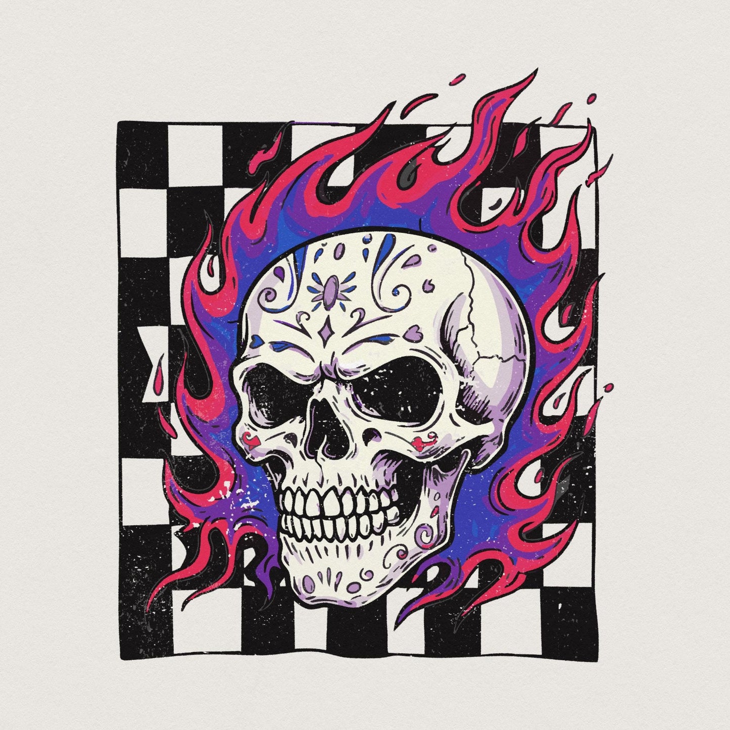 Colorful Flaming Skull PNG, Neon Skull Clipart with Checkerboard - 300