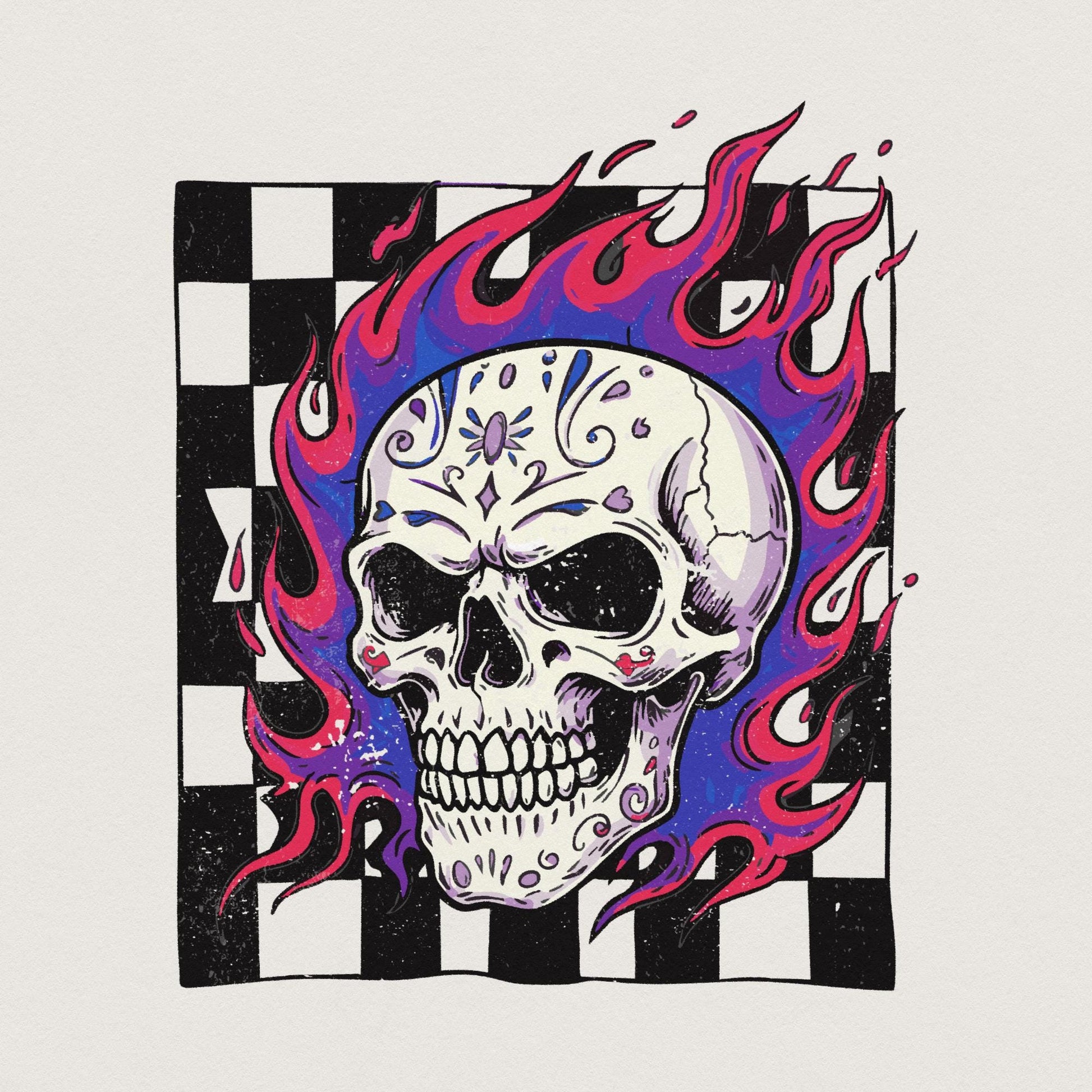 Colorful Flaming Skull PNG, Neon Skull Clipart with Checkerboard - 300
