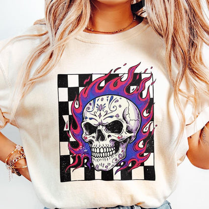 Colorful Flaming Skull PNG, Neon Skull Clipart with Checkerboard - 300
