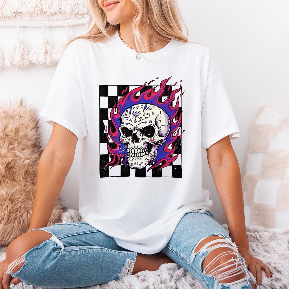 Colorful Flaming Skull PNG, Neon Skull Clipart with Checkerboard - 300