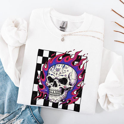 Colorful Flaming Skull PNG, Neon Skull Clipart with Checkerboard - 300