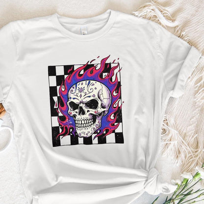 Colorful Flaming Skull PNG, Neon Skull Clipart with Checkerboard - 300