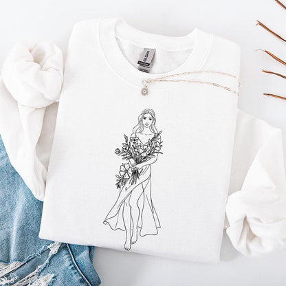 Elegant Lady with Blossoms PNG, Floral Woman Art - 300 DPI Design for