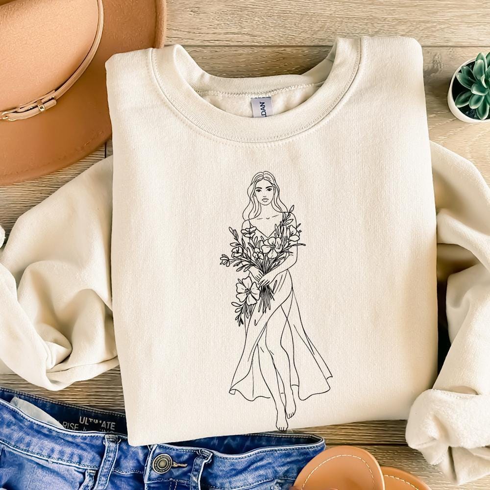 Elegant Lady with Blossoms PNG, Floral Woman Art - 300 DPI Design for