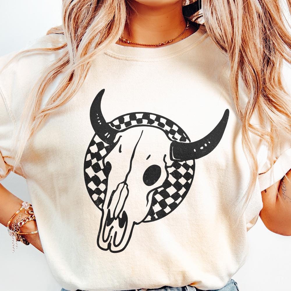 Retro Rodeo Western PNG, Checkered Print Bull - 300 DPI Design for T-Shirt