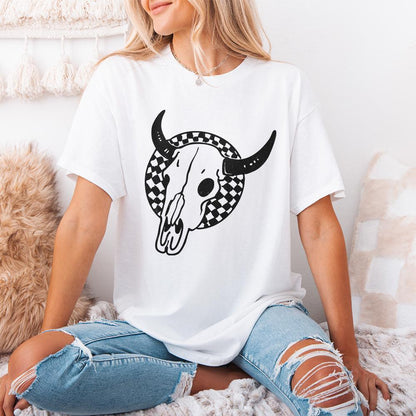 Retro Rodeo Western PNG, Checkered Print Bull - 300 DPI Design for T-Shirt