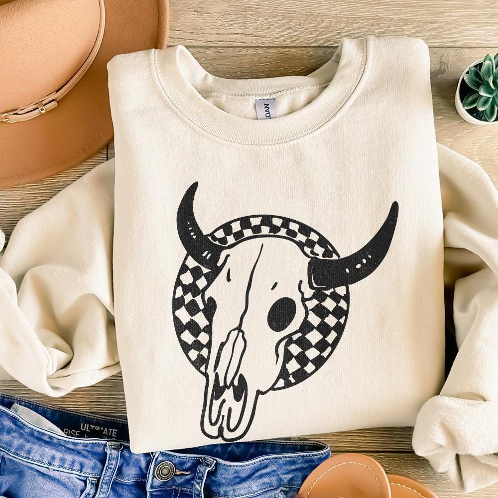 Retro Rodeo Western PNG, Checkered Print Bull - 300 DPI Design for T-Shirt