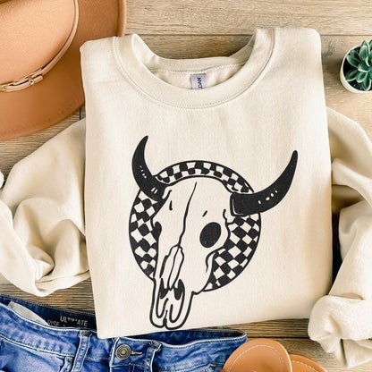 Retro Rodeo Western PNG, Checkered Print Bull - 300 DPI Design for T-Shirt