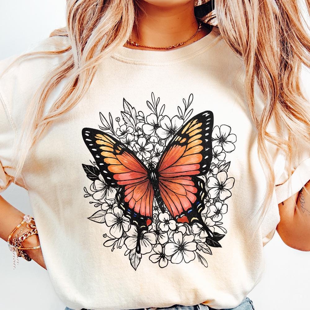 Retro Butterfly Flower Graphic PNG, Colorful Botanical Clipart - 300 DPI