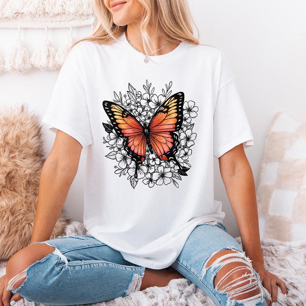 Retro Butterfly Flower Graphic PNG, Colorful Botanical Clipart - 300 DPI