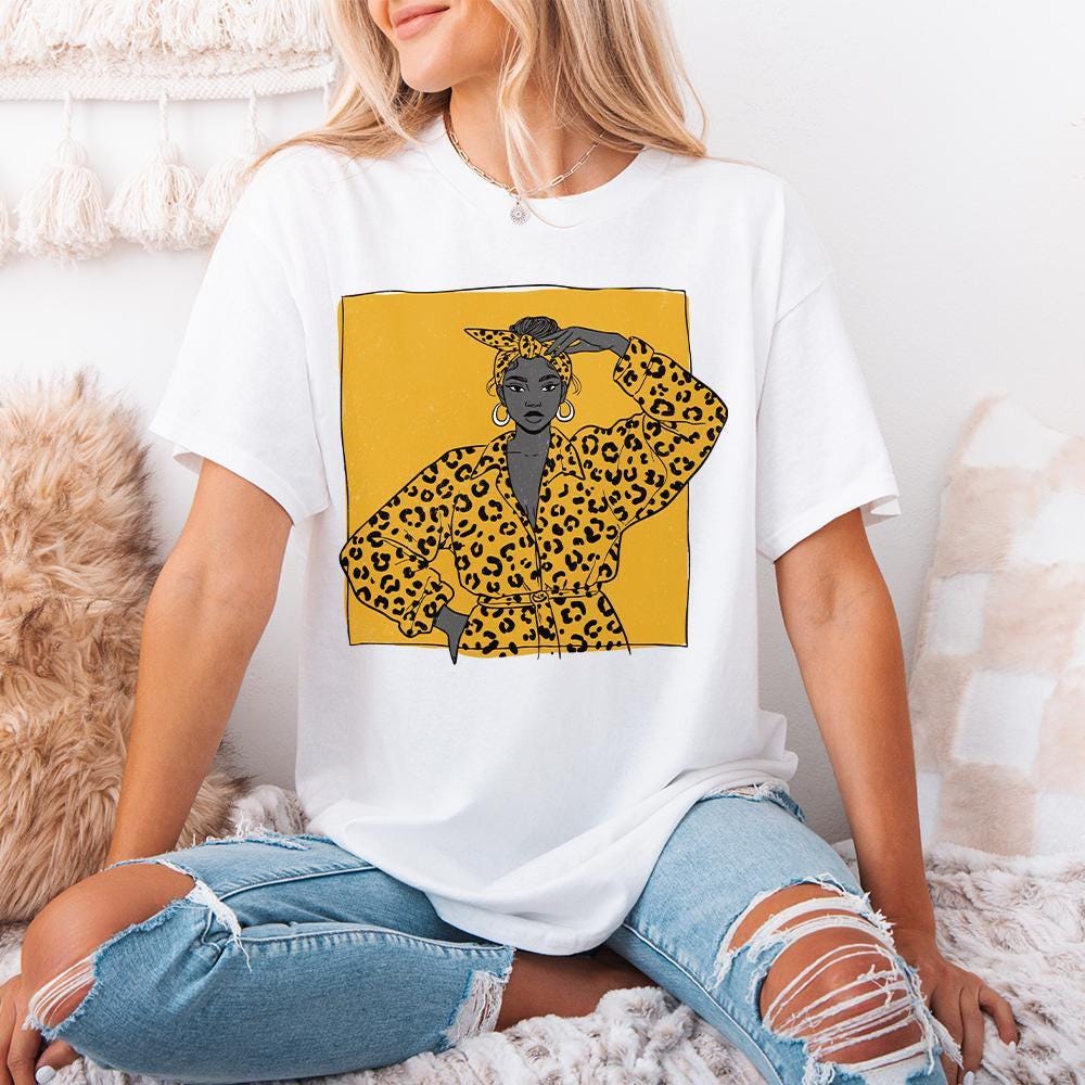 Bold Leopard Print Fashion Woman PNG, Empowered Afro Woman Illustration -