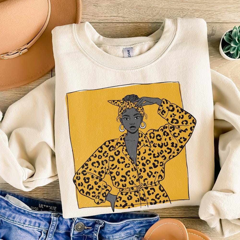 Bold Leopard Print Fashion Woman PNG, Empowered Afro Woman Illustration -