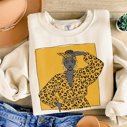 Bold Leopard Print Fashion Woman PNG, Empowered Afro Woman Illustration -