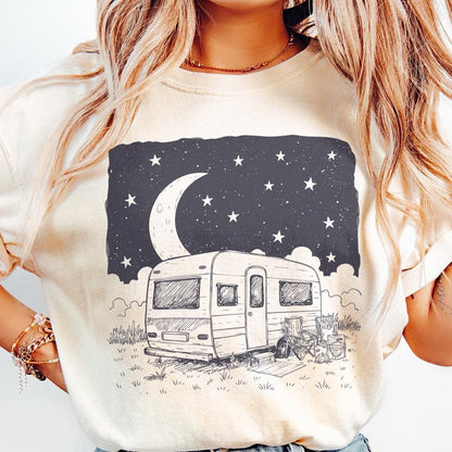 Moonlit Caravan PNG, Starry Night Camping Design - 300 DPI Design for
