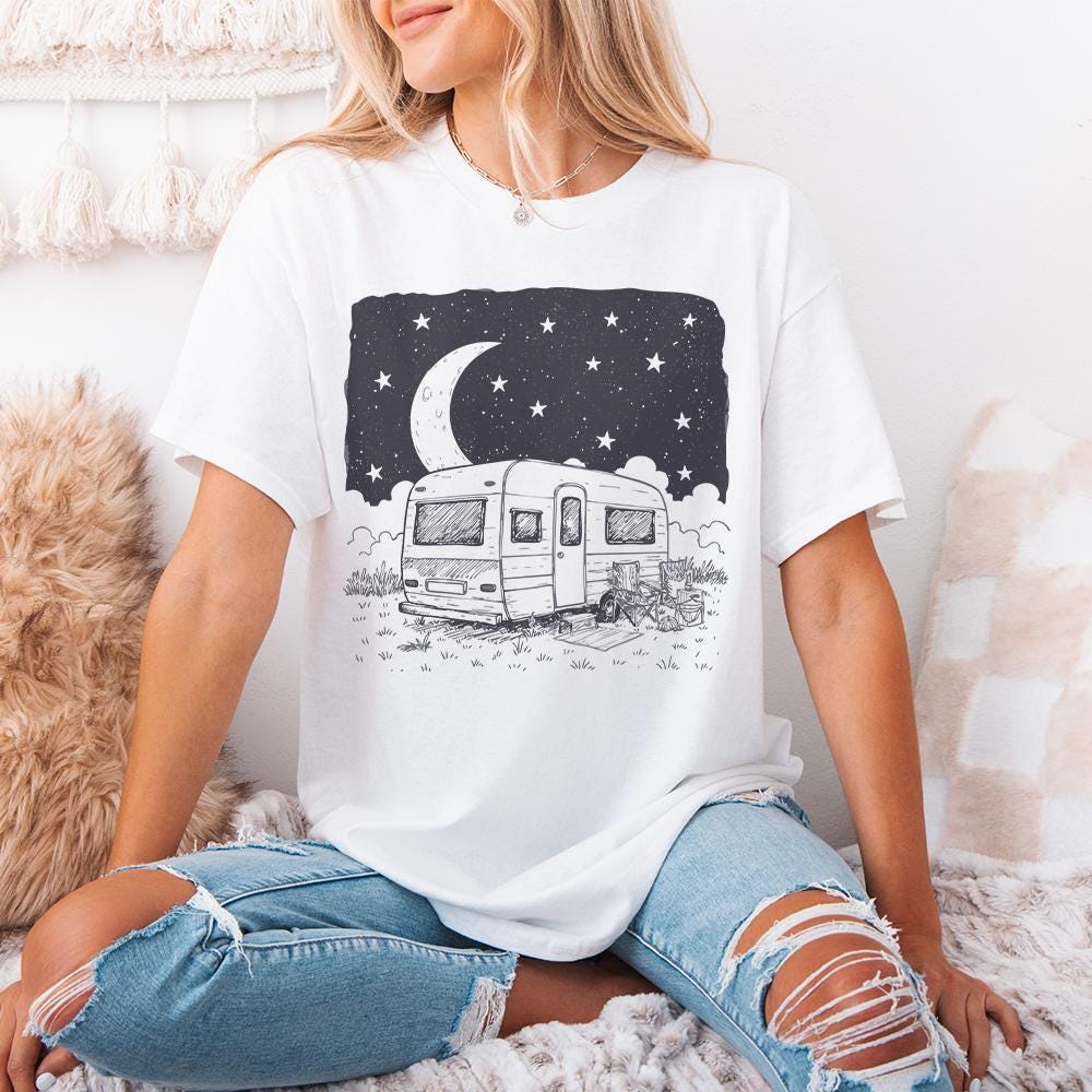 Moonlit Caravan PNG, Starry Night Camping Design - 300 DPI Design for