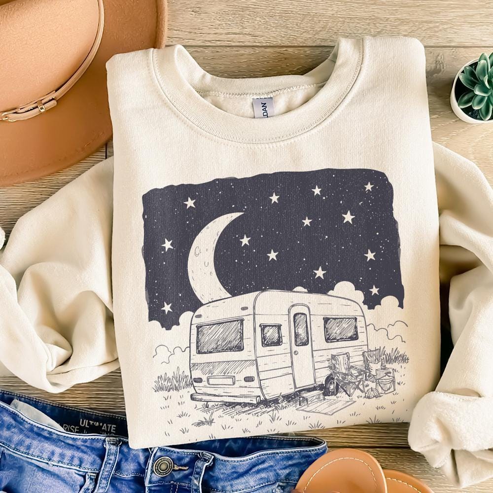 Moonlit Caravan PNG, Starry Night Camping Design - 300 DPI Design for