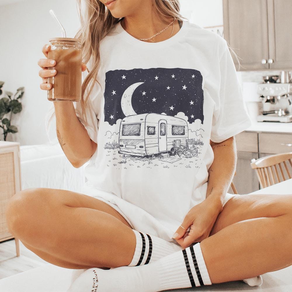 Moonlit Caravan PNG, Starry Night Camping Design - 300 DPI Design for