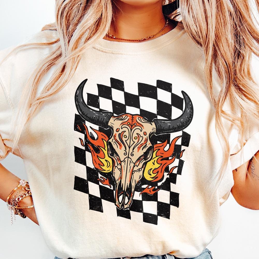 Retro Rodeo Western PNG, Checkered Print Bull - 300 DPI Design for T-Shirt