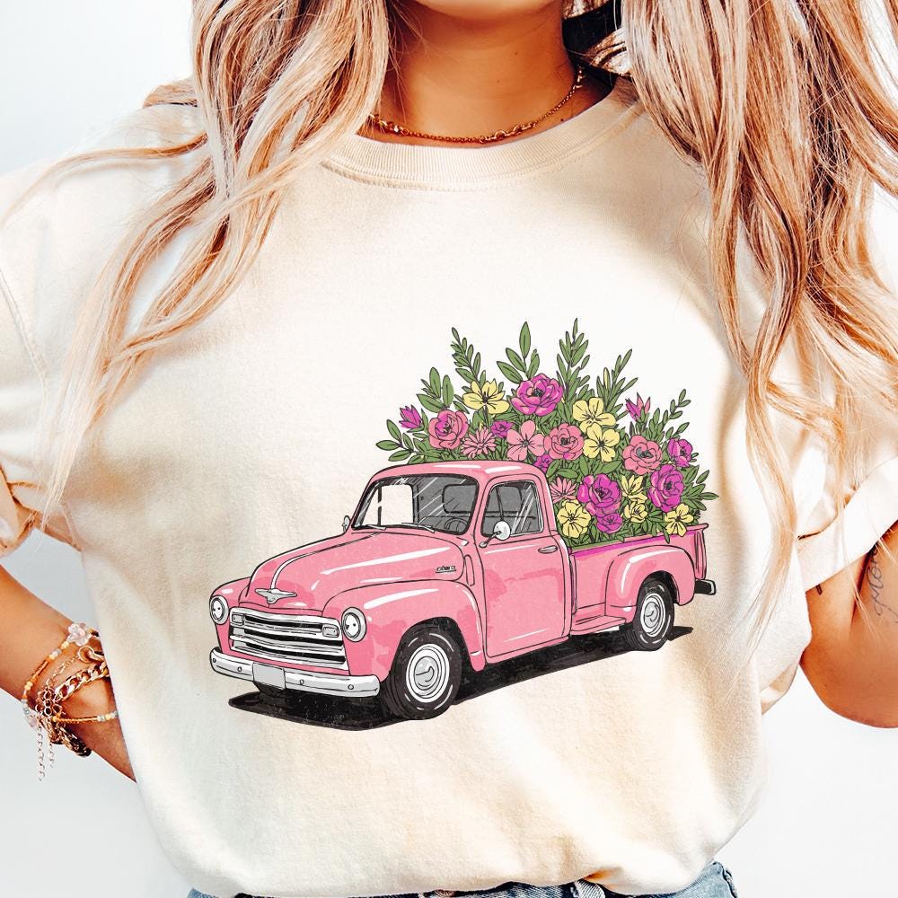 Pink Vintage Truck Floral PNG, Spring Flower Truck Illustration - 300 DPI