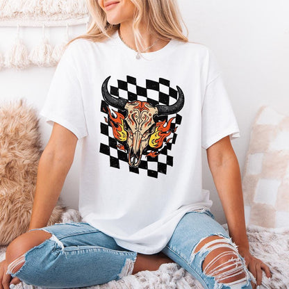 Retro Rodeo Western PNG, Checkered Print Bull - 300 DPI Design for T-Shirt