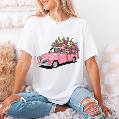 Pink Vintage Truck Floral PNG, Spring Flower Truck Illustration - 300 DPI