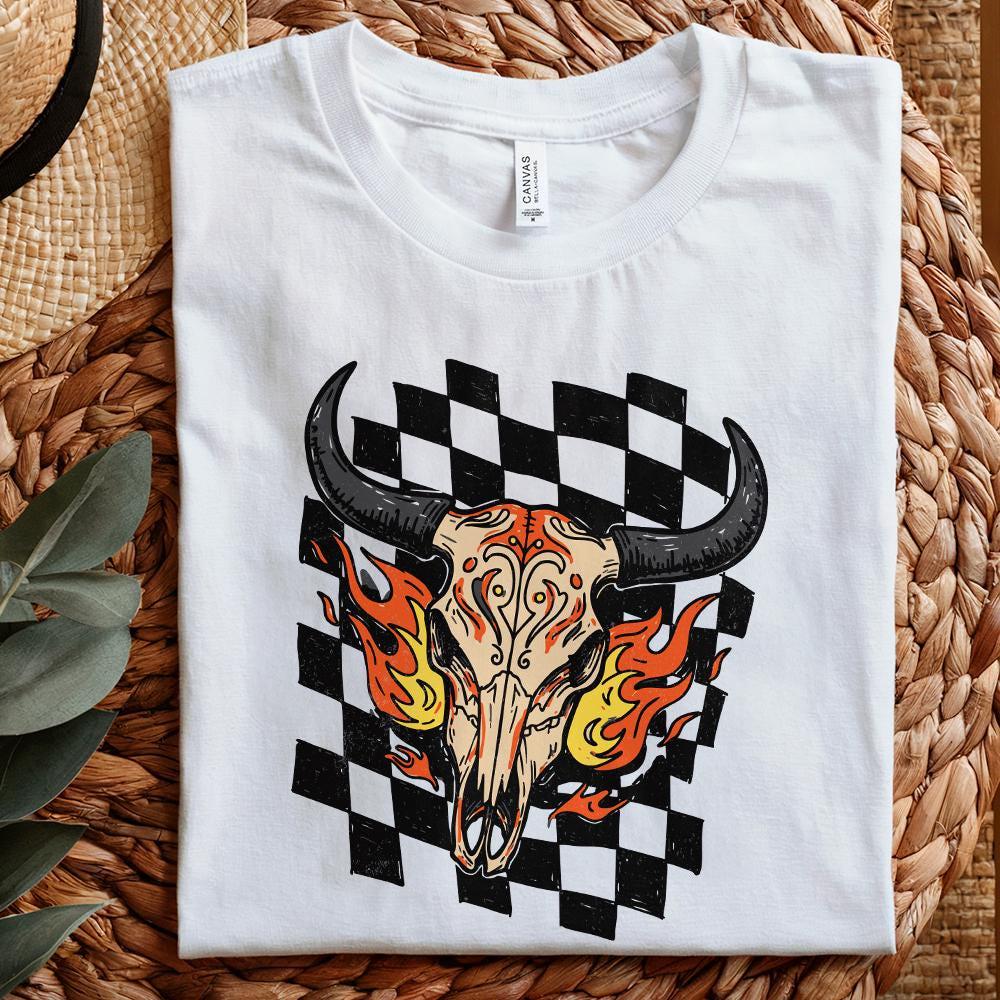 Retro Rodeo Western PNG, Checkered Print Bull - 300 DPI Design for T-Shirt