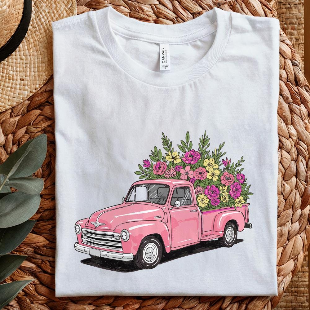 Pink Vintage Truck Floral PNG, Spring Flower Truck Illustration - 300 DPI