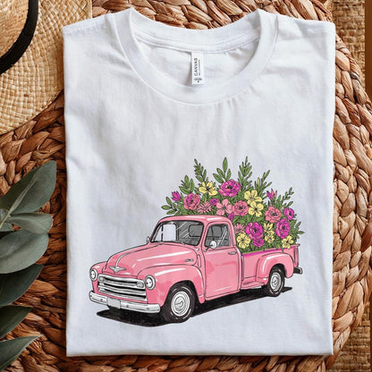 Pink Vintage Truck Floral PNG, Spring Flower Truck Illustration - 300 DPI