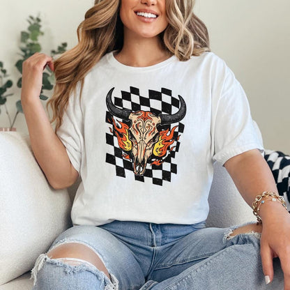 Retro Rodeo Western PNG, Checkered Print Bull - 300 DPI Design for T-Shirt