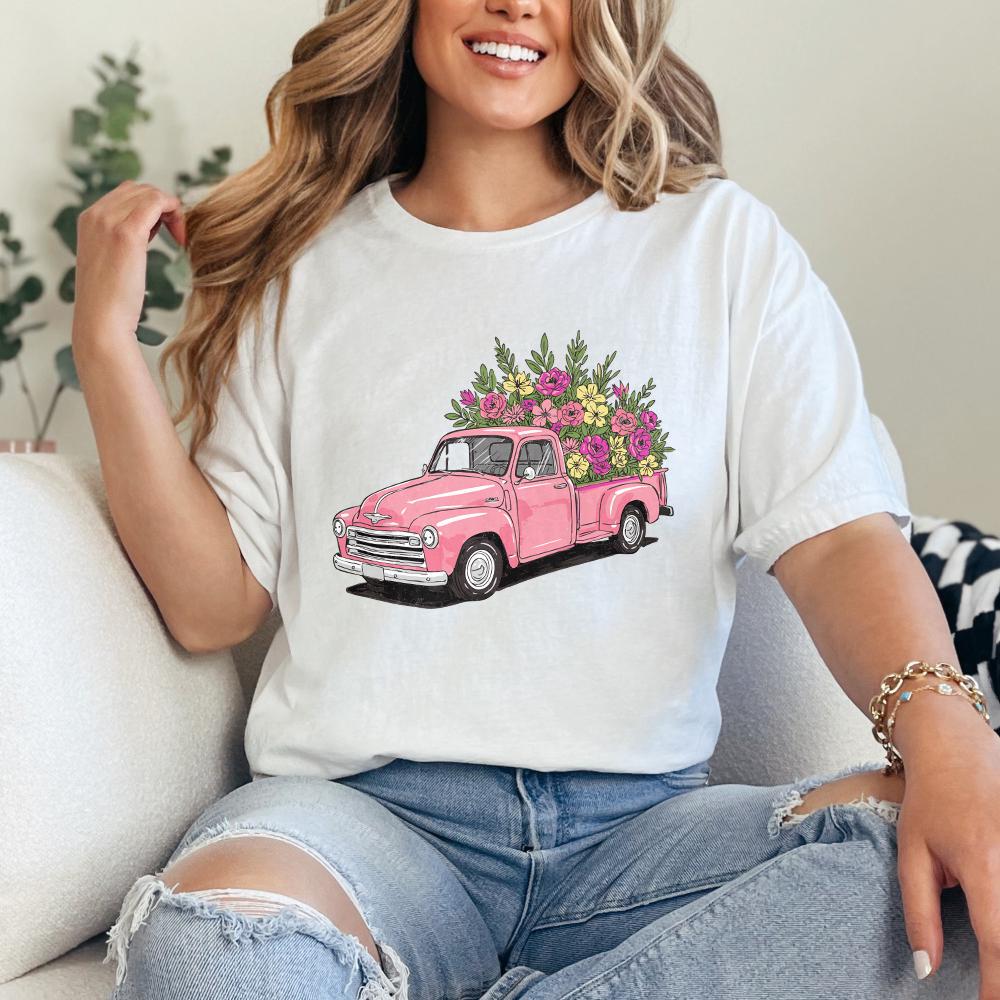 Pink Vintage Truck Floral PNG, Spring Flower Truck Illustration - 300 DPI