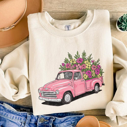 Pink Vintage Truck Floral PNG, Spring Flower Truck Illustration - 300 DPI