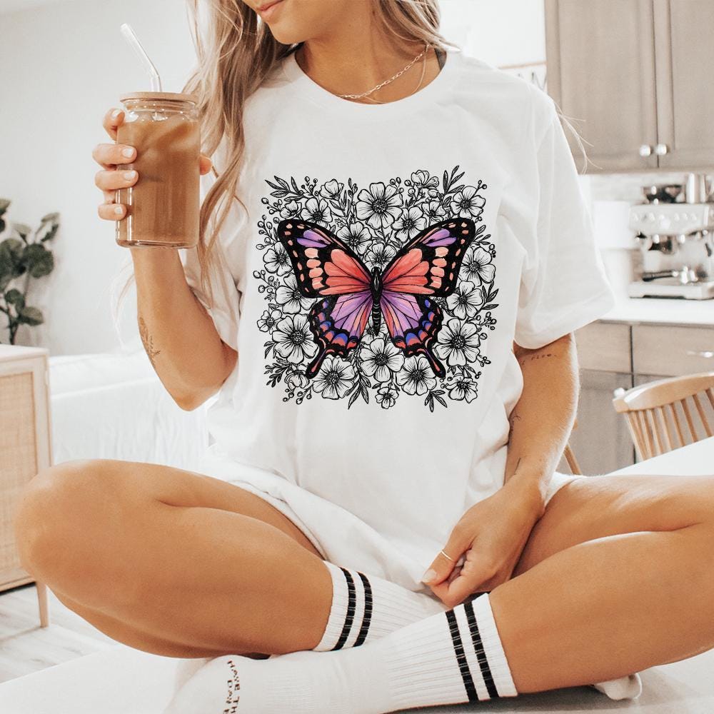 Colorful Butterfly Floral PNG, Botanical Butterfly Illustration - 300 DPI