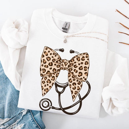 Leopard Nurse Coquette Bow Png, Retro Nursing Sublimation Design - 300