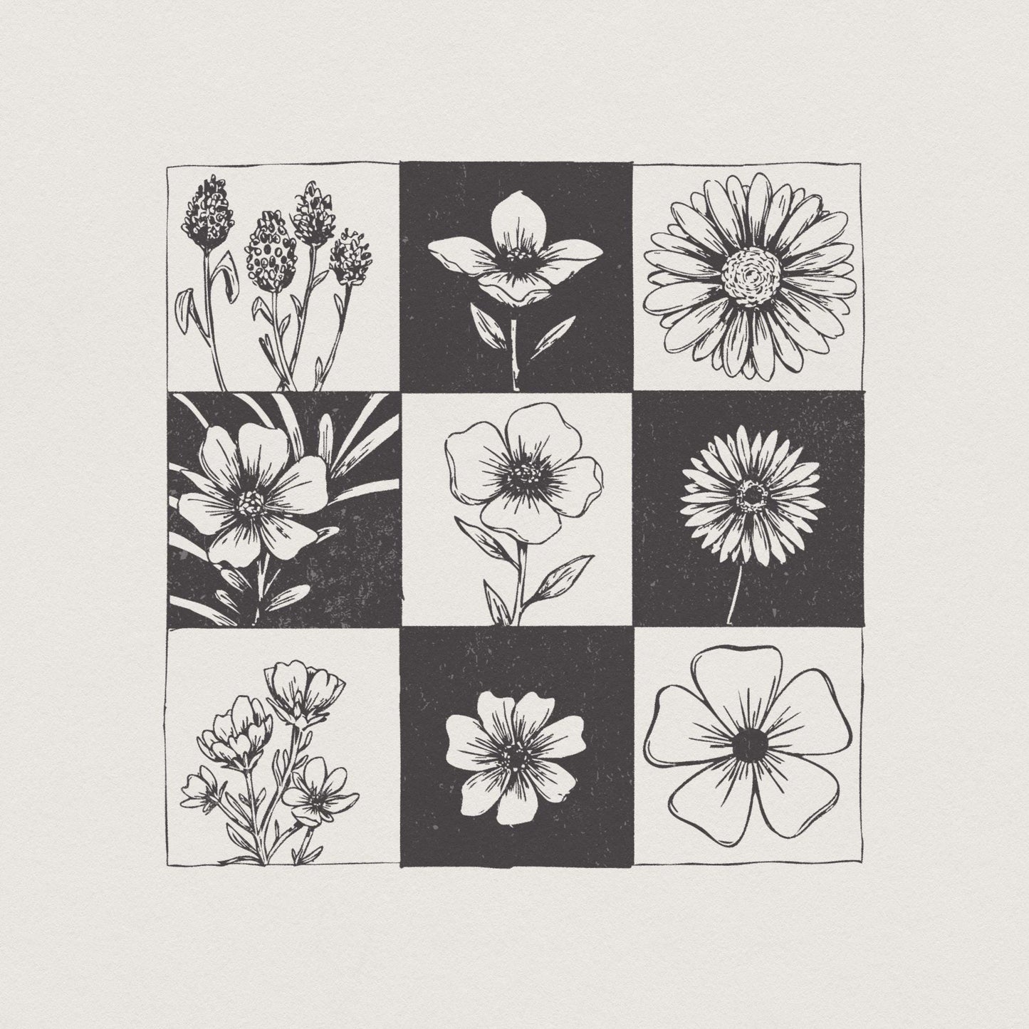 Taupe Checkered Boho Flower PNG, Neutral Daisy Design - 300 DPI Design