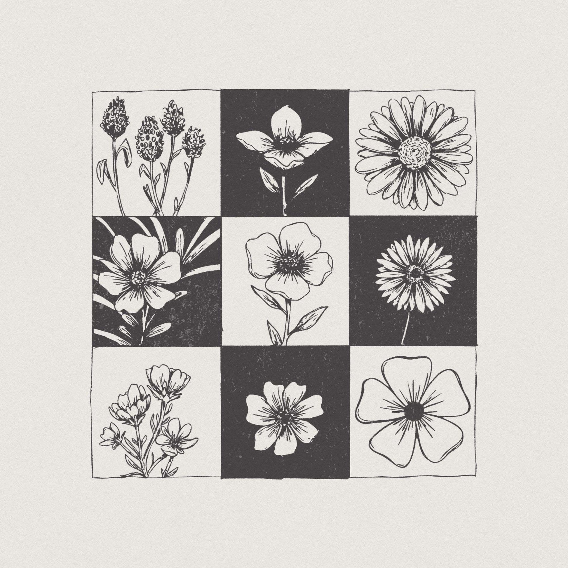 Taupe Checkered Boho Flower PNG, Neutral Daisy Design - 300 DPI Design