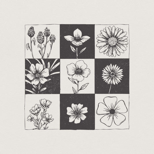 Taupe Checkered Boho Flower PNG, Neutral Daisy Design - 300 DPI Design