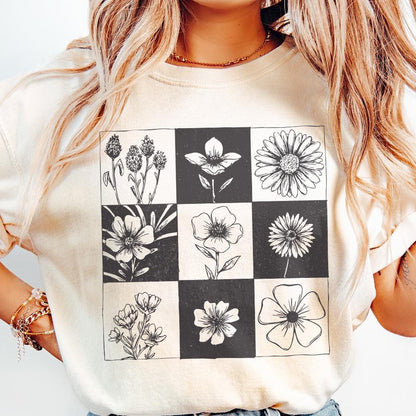 Taupe Checkered Boho Flower PNG, Neutral Daisy Design - 300 DPI Design