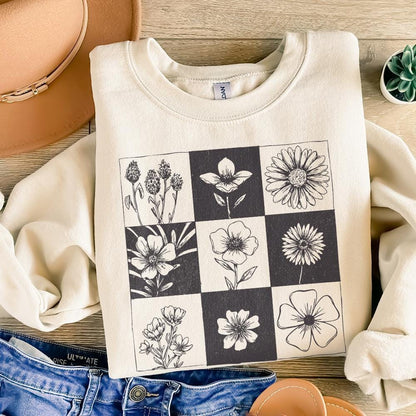 Taupe Checkered Boho Flower PNG, Neutral Daisy Design - 300 DPI Design