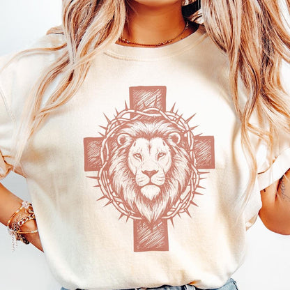 Cross Lion PNG, Lion of Judah Crown of Thorns Illustration - 300 DPI