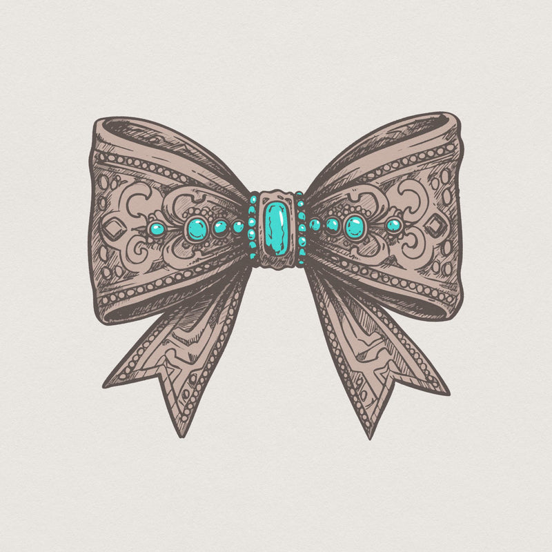 Western coquette bow digital design featuring brown leather texture, intricate scrollwork, and bright turquoise stone accents for sublimation.