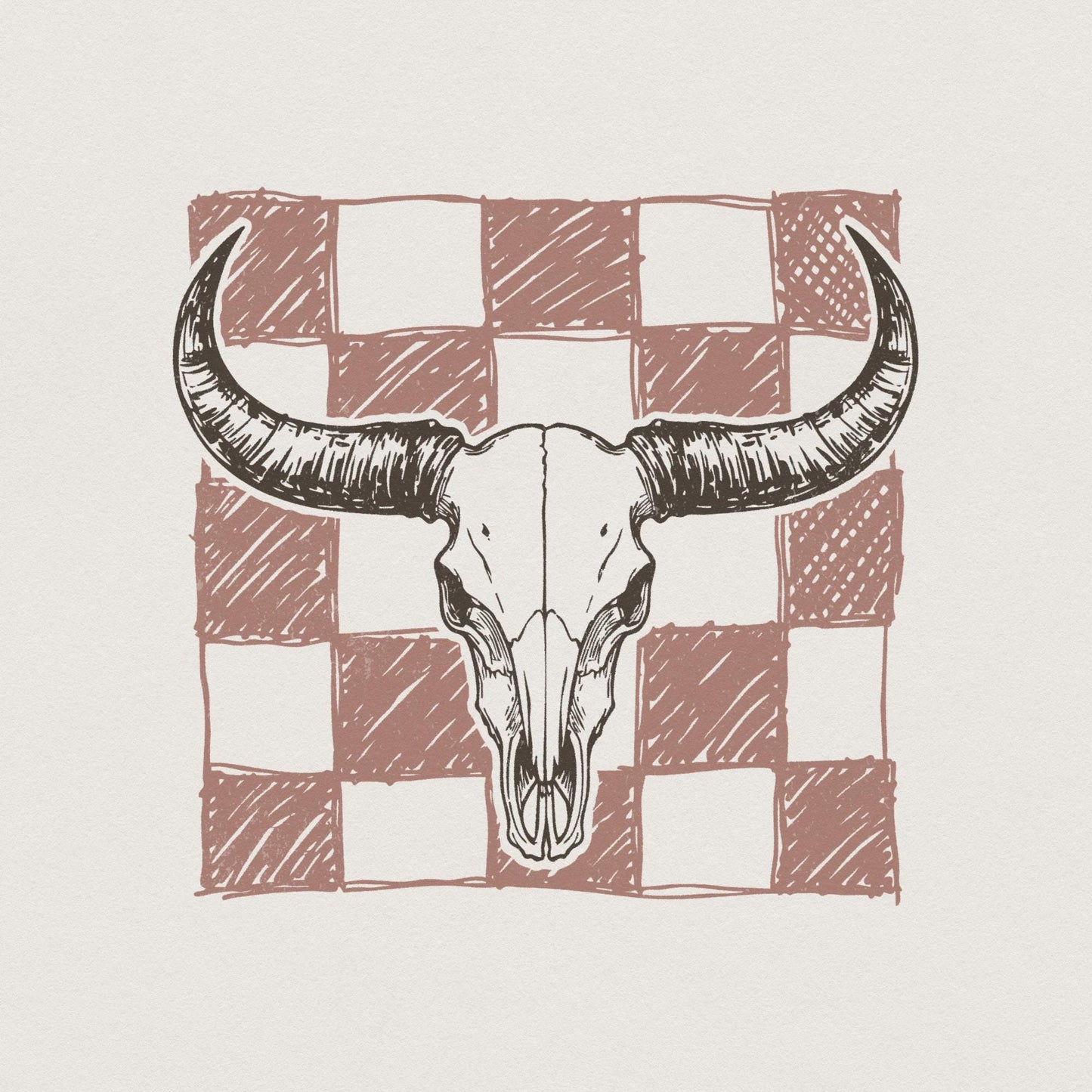Checkered Longhorn Skull PNG, Western Bull Skull - 300 DPI Design for