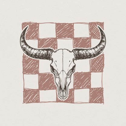 Checkered Longhorn Skull PNG, Western Bull Skull - 300 DPI Design for