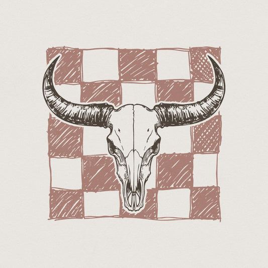 Checkered Longhorn Skull PNG, Western Bull Skull - 300 DPI Design for