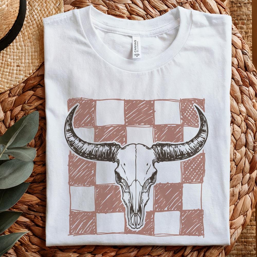 Checkered Longhorn Skull PNG, Western Bull Skull - 300 DPI Design for