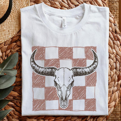 Checkered Longhorn Skull PNG, Western Bull Skull - 300 DPI Design for