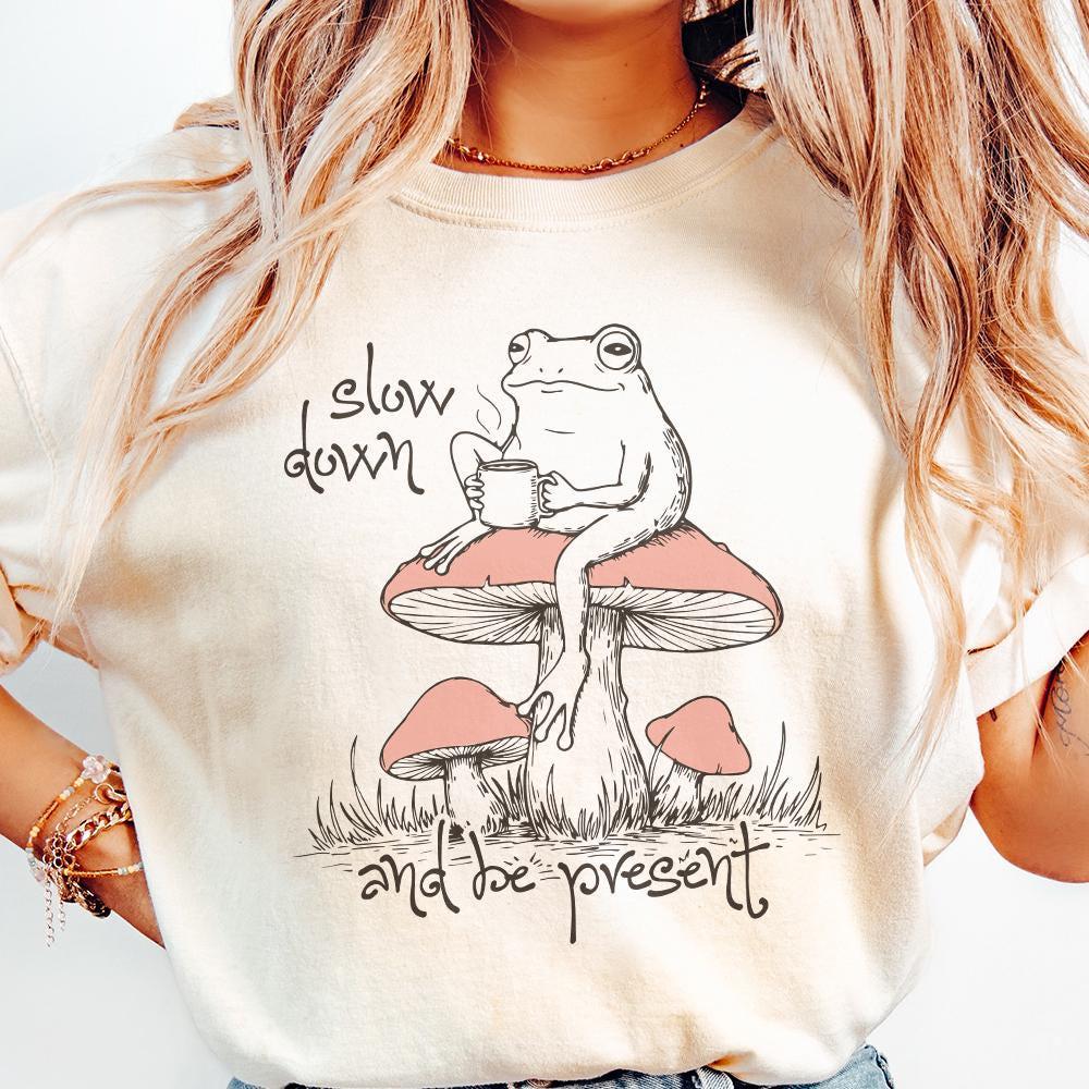 Slow Down Be Present PNG, Trendy Artsy Frog Mushroom Design - 300 DPI