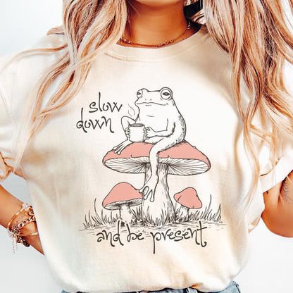 Slow Down Be Present PNG, Trendy Artsy Frog Mushroom Design - 300 DPI