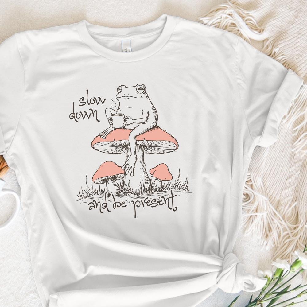 Slow Down Be Present PNG, Trendy Artsy Frog Mushroom Design - 300 DPI